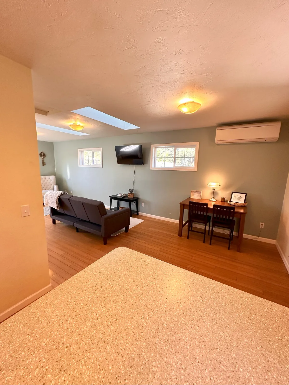 This image features a multi-functional studio: a sofa, dining table, TV, and a desk lamp, all arranged in an efficient, cozy layout that suggests independent living within a larger property.